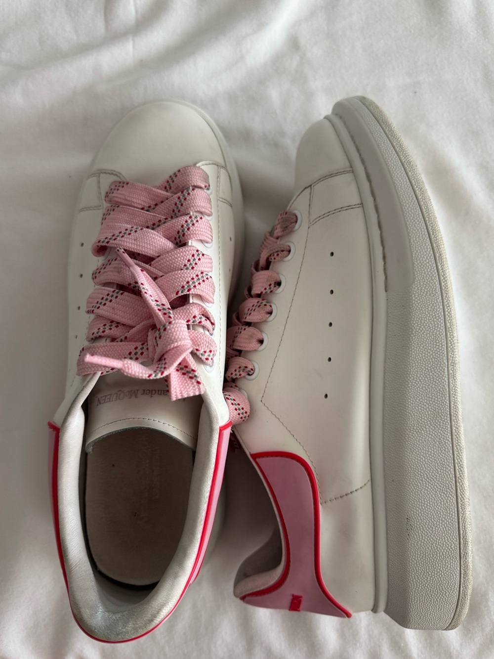 Alexander McQueen White Leather Sneakers with Pink Laces and Pink Heel Tab